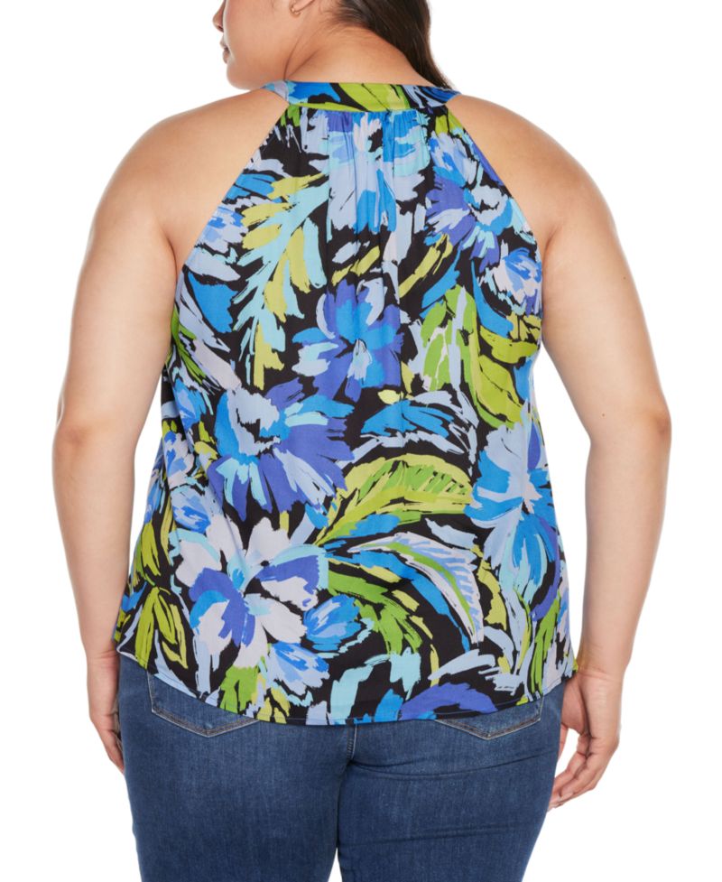 Black Label Plus Size Abstract Floral Tie-Neck Sleeveless Top