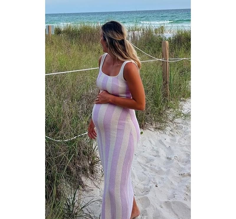 Maternity Pink Striped Terry Knit Sleeveless Midi Dress