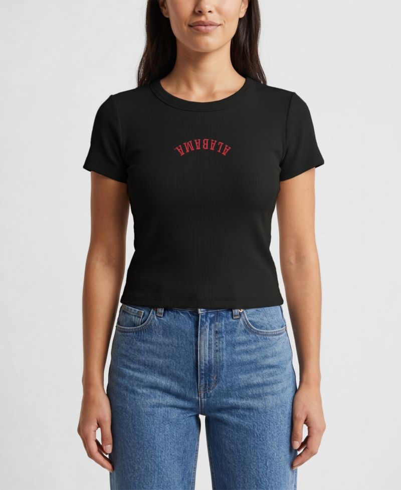 Women's Black Alabama Crimson Tide Upside Down Embroidery Ribbed Cropped T-Shirt