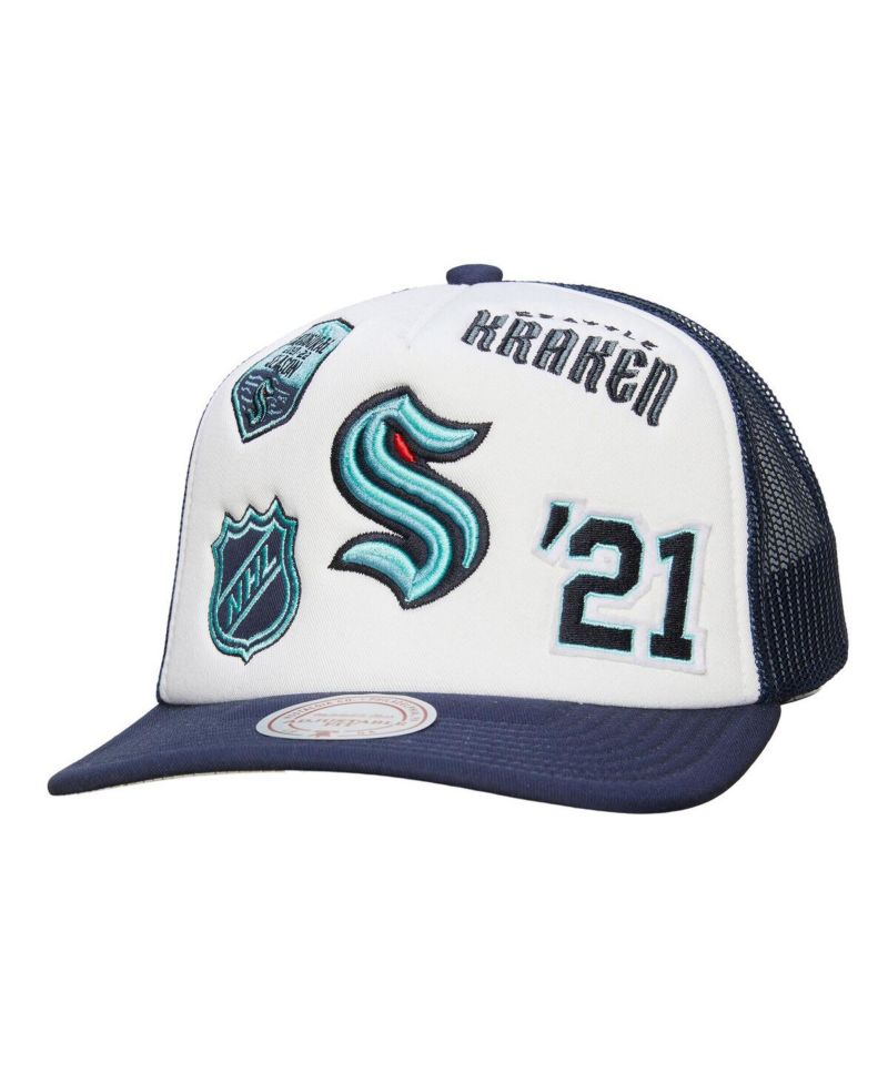 Men's White/Deep Sea Blue Seattle Kraken Gridlock Trucker Adjustable Hat