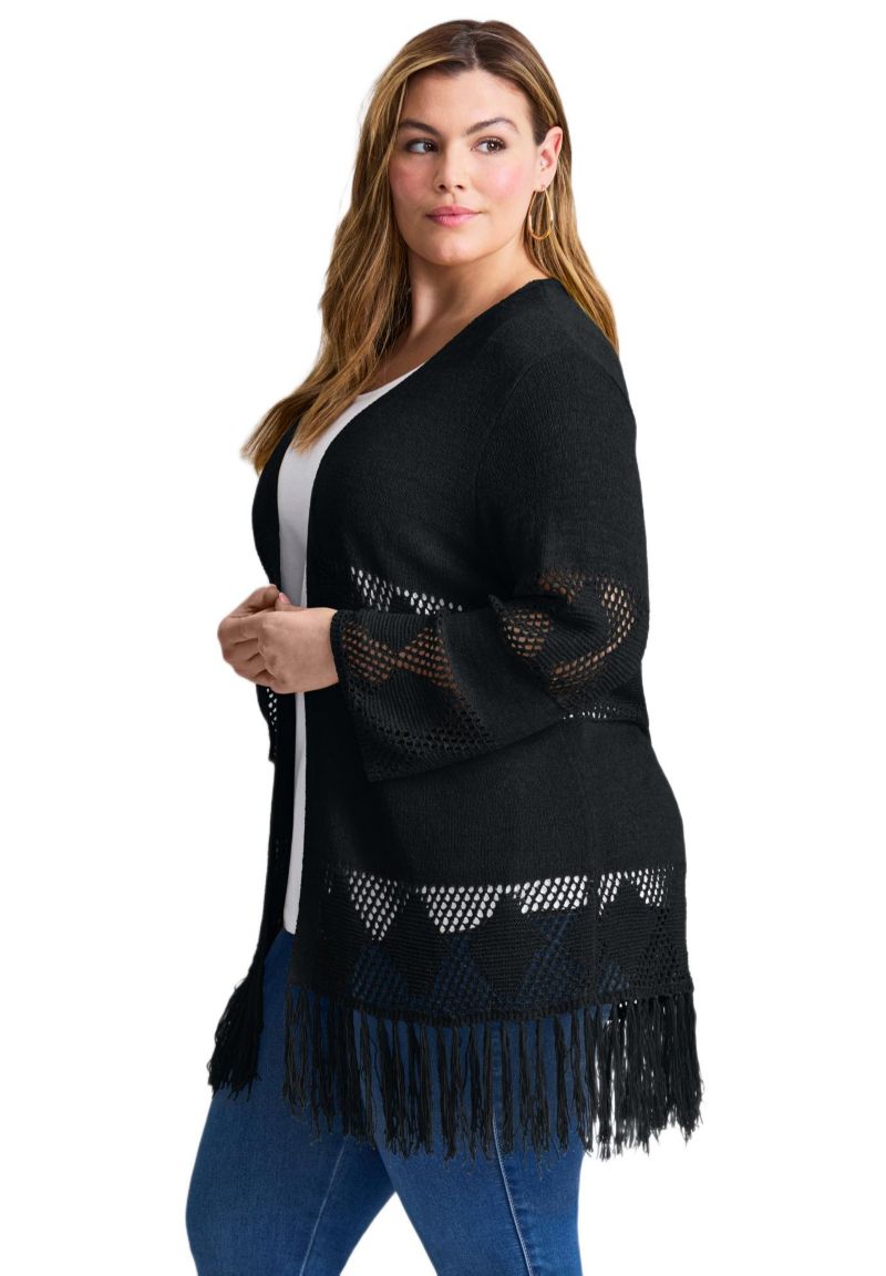 Women's Plus Size Pointelle Fringe Cardigan