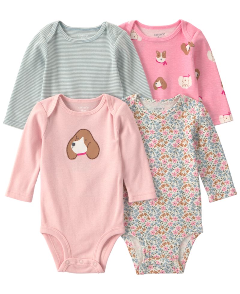 Baby Girls' Long-Sleeve Dog Bodysuits, 4-Pack