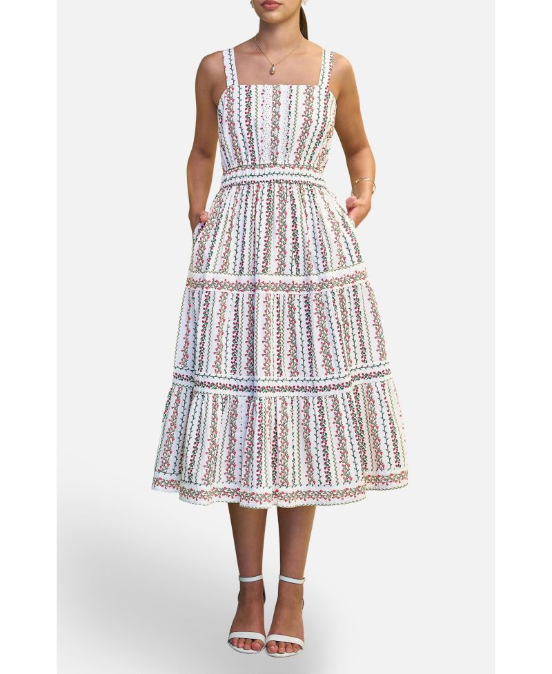 Women's Botanical Stripe Lace Trim Midi Dress