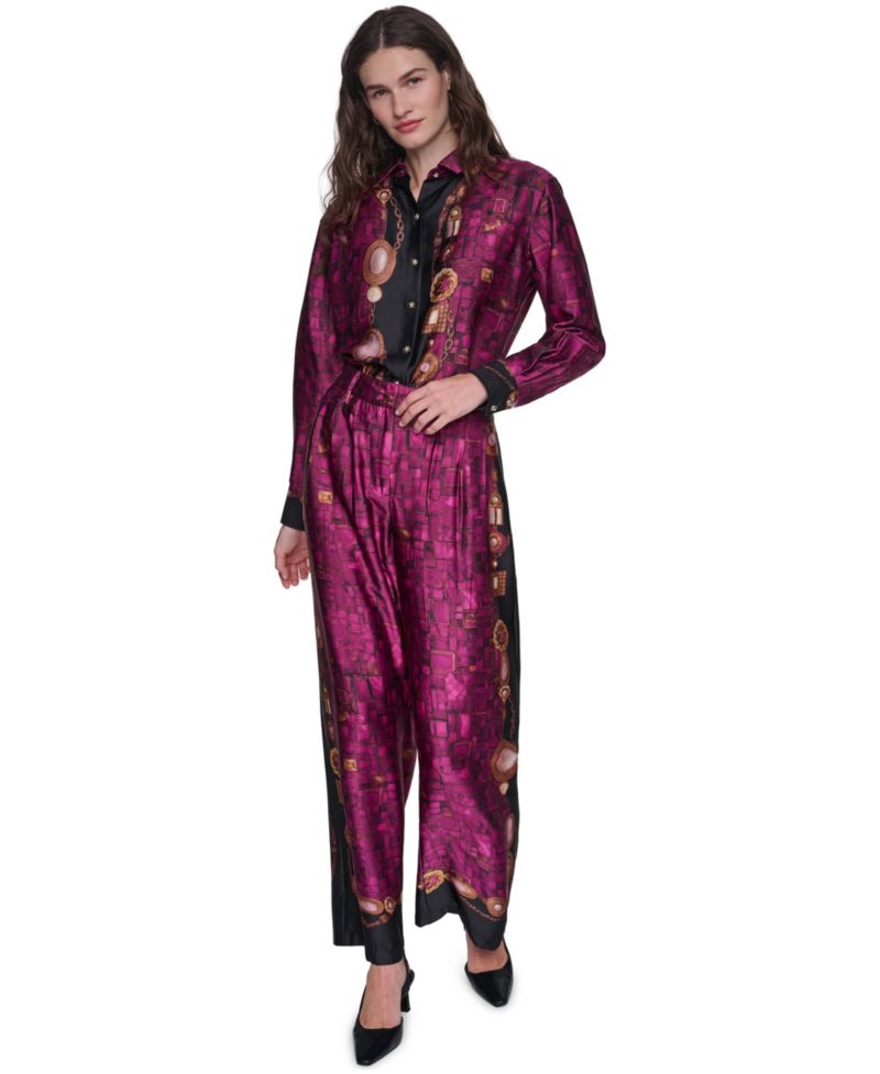 Women's Long-Sleeve Printed Collared Blouse & Pleated Wide-Leg Satin Pants