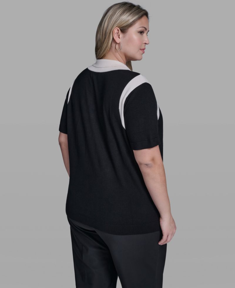 Plus Size Solid Short-Sleeve Polo Sweater