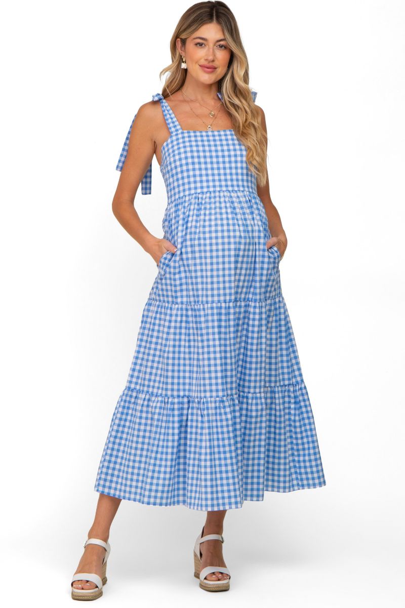 Women's Blue Checkered Sleeveless Tiered Maxi Dress