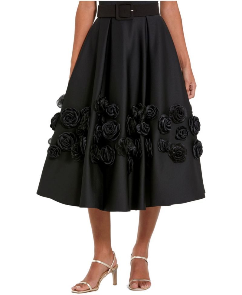 Women's Belted Floral Rosette A-Line Midi Dress