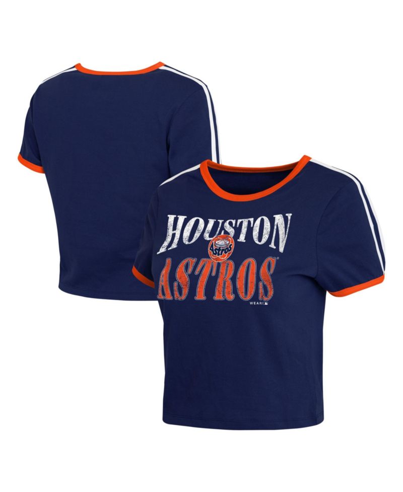 Women's Navy Houston Astros Cropped Throwback Ringer Baby T-Shirt