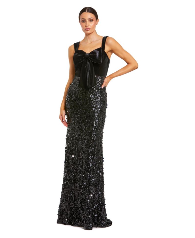 Women's Sequin Column Gown with Velvet Bow Detail