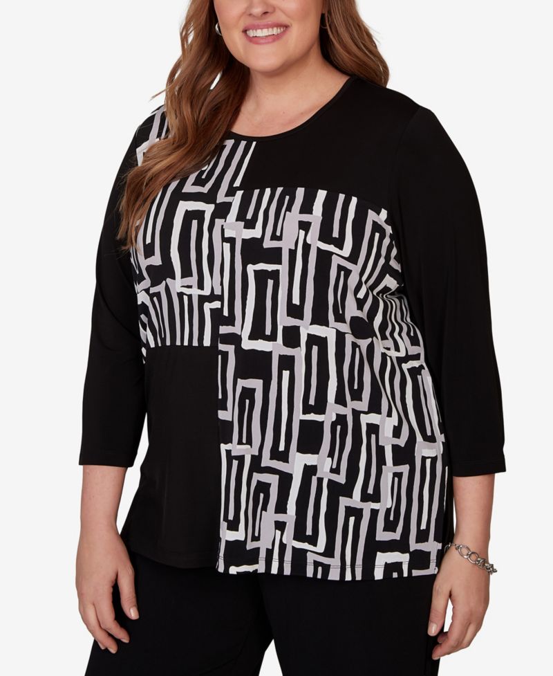 Plus Size Spliced Geometric Puff Print Top