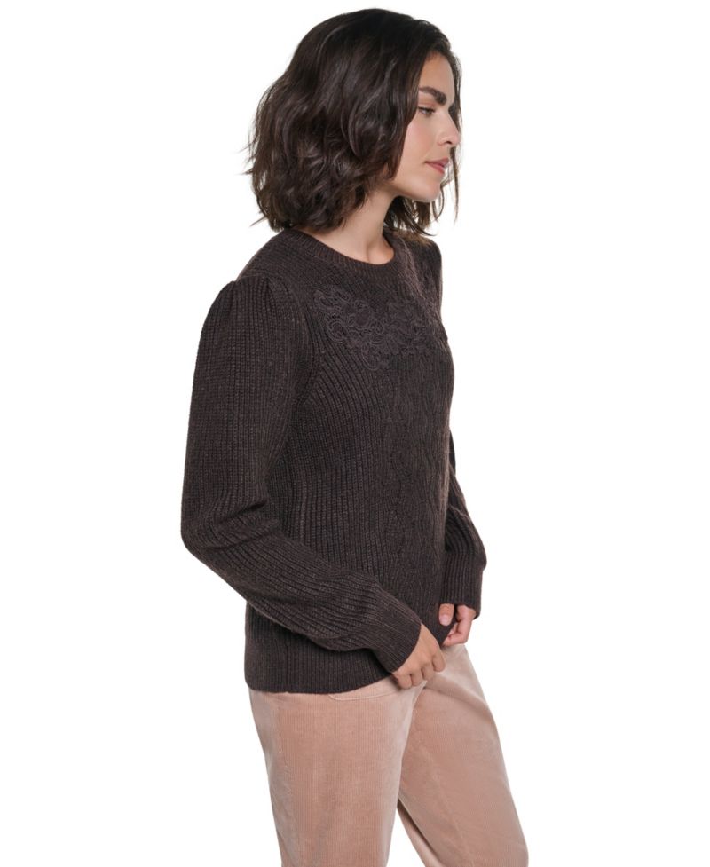 Women's Cable-Knit Floral Lace Applique Sweater