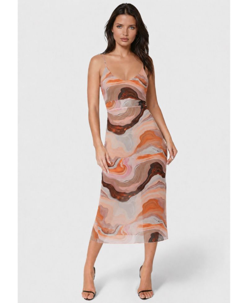 Women's Printed Mesh V-Neck Midi Dress