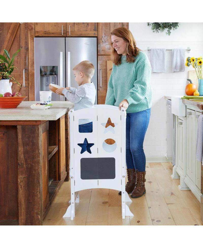 Classic Kitchen Helper Kids' Step Stool - Natural: Foldable and Adjustable Wooden Toddler Tower for Learning with Keeper