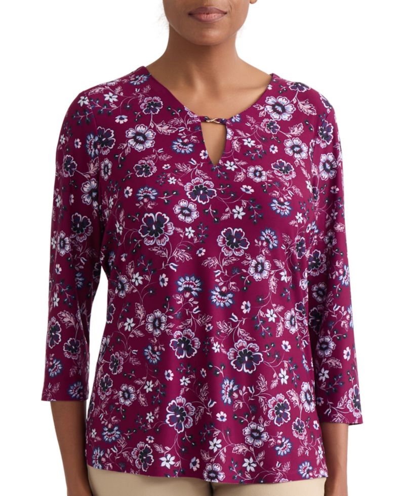 Petite Floral Print Key-Hole Detail Top