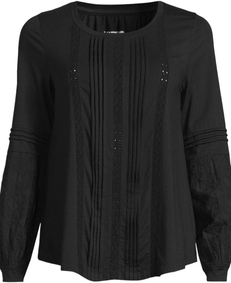 Women's Lightweight Jersey Lace Mix Long Sleeve Pintuck Top