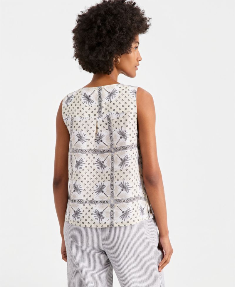 Women's 100% Linen Pleated-Back Sleeveless Top