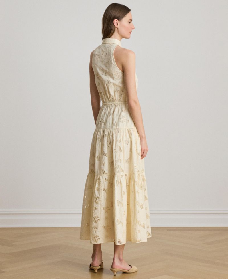 Women's Spread Collar Floral-Eyelet Voile Tiered Shirt-Dress