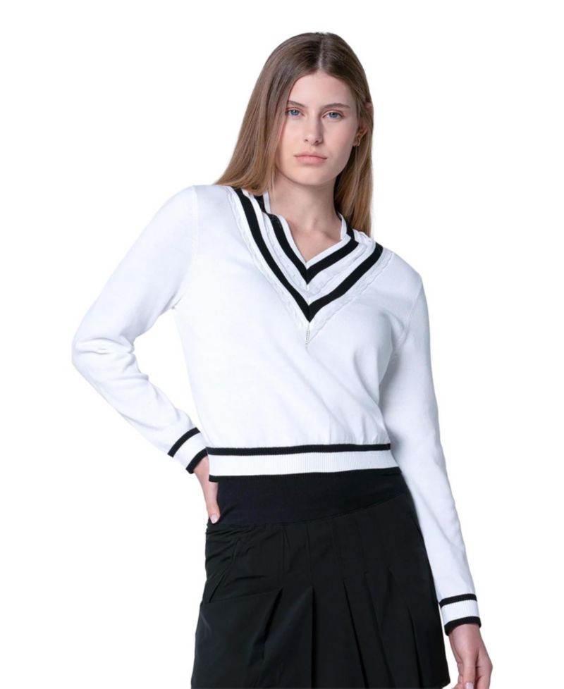Women's Victory V-Neck Cable-Stripe Cotton Sweater