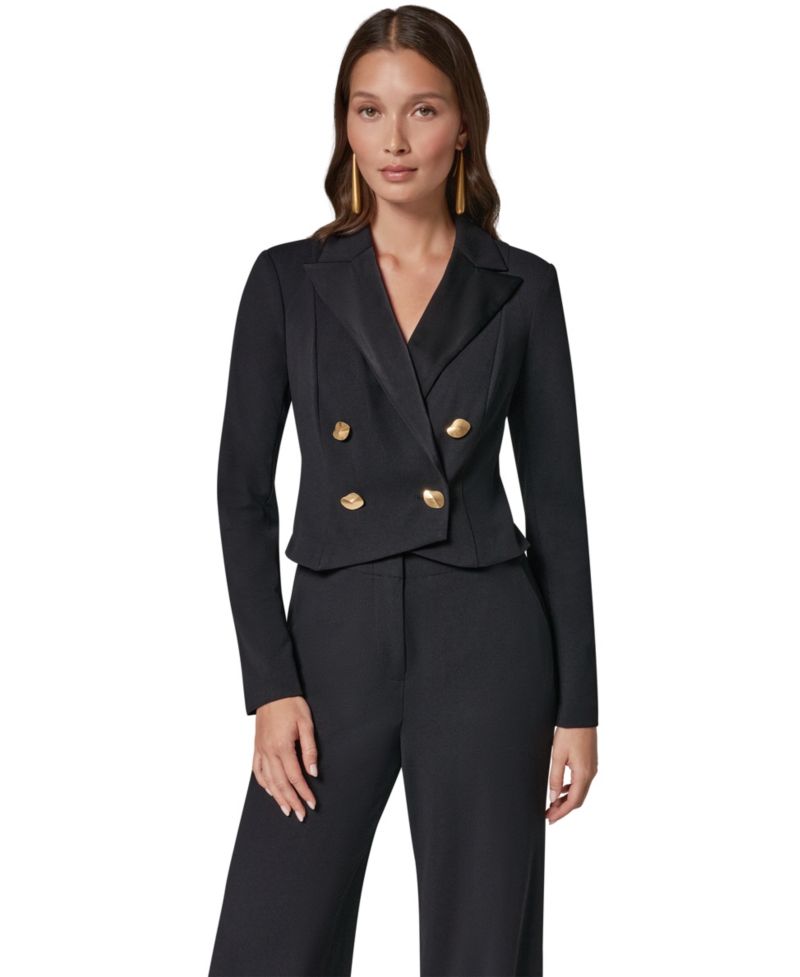 Women's Satin Lapel Long-Sleeve Double-Breasted Wide-Leg Jumpsuit