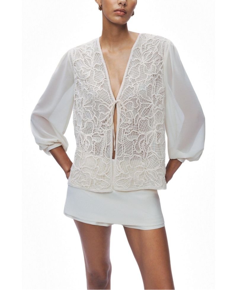 Women's Floral-Lace V-Neck Sheer Sleeve Jacket