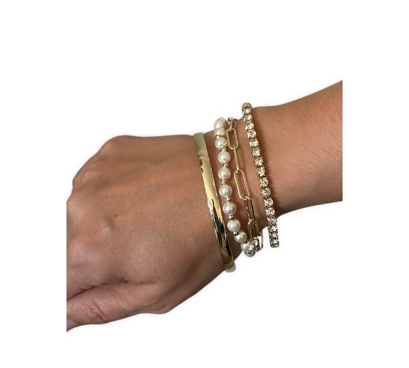 Mixed Gold, Pearl + Cubic Zirconia 4 Bracelet Set