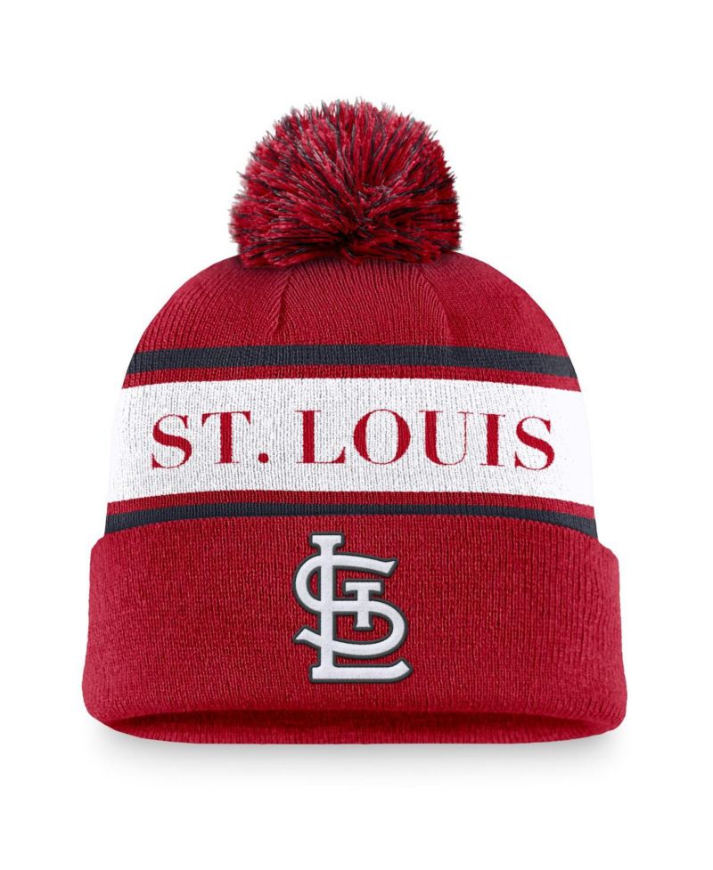 Men's Red St. Louis Cardinals Team Stripe Peak Cuffed Knit with Pom Hat