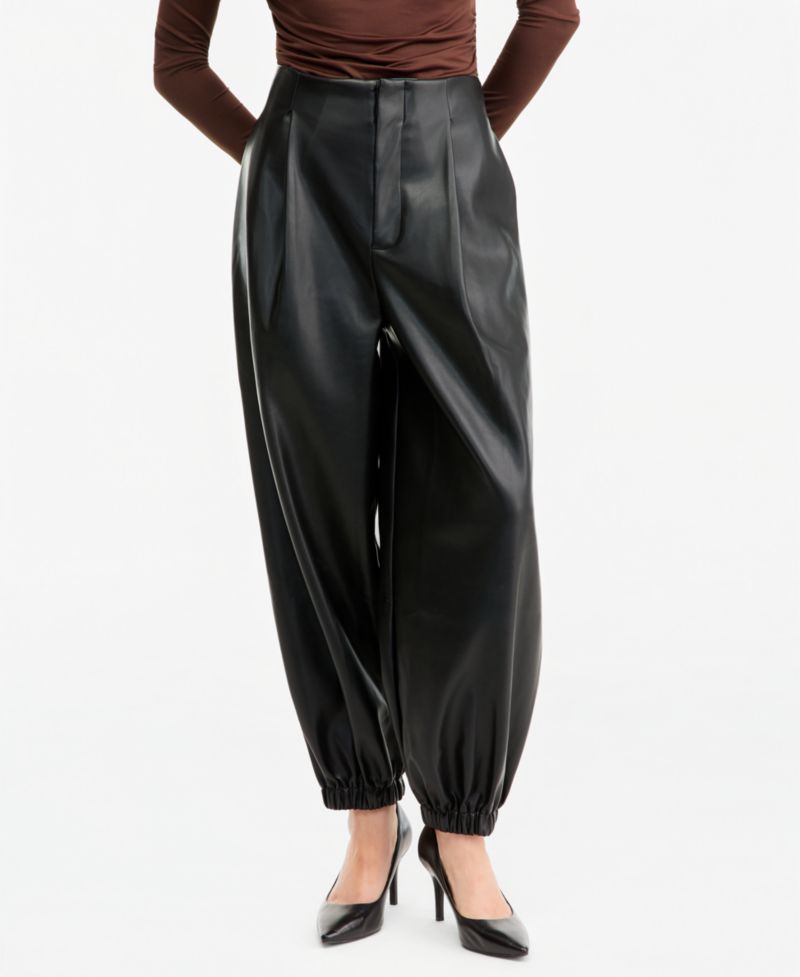 Women's High-Rise Pleated Faux Leather Pants