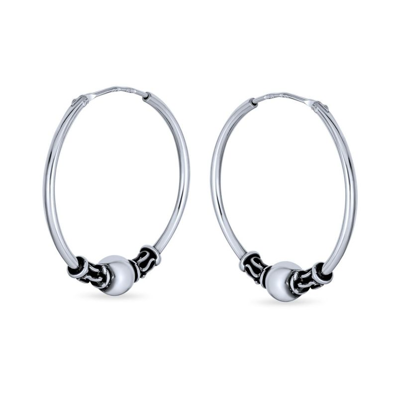 Balinese Bead Bali Endless Hoop Earrings 1" Oxidized .925 Sterling Silver