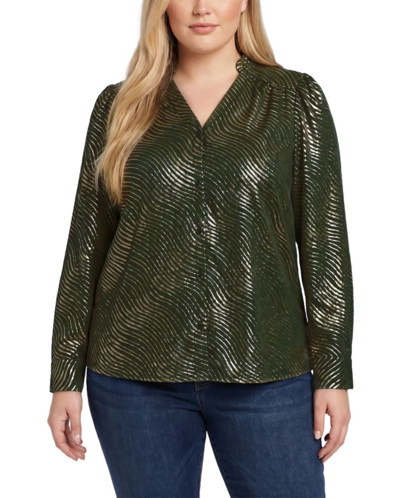 Plus Size Metallic-Print V-Neck Long-Sleeve Blouse