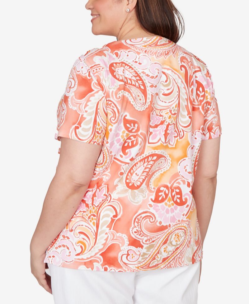 Plus Size Paisley Beaded Neck Pleated T-Shirt