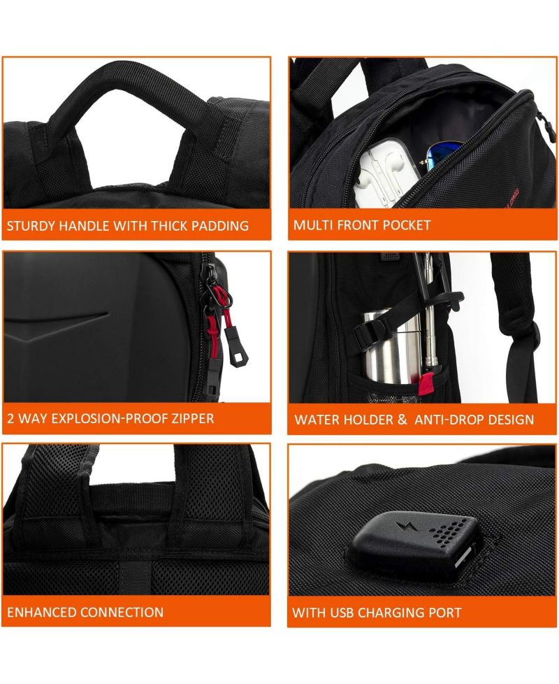 Hardshell 7 Inch Laptop Backpack, Armored with USB Port & Rain Cover for Motorcycle, Outdoor, Racing - Waterproof, Matte Black