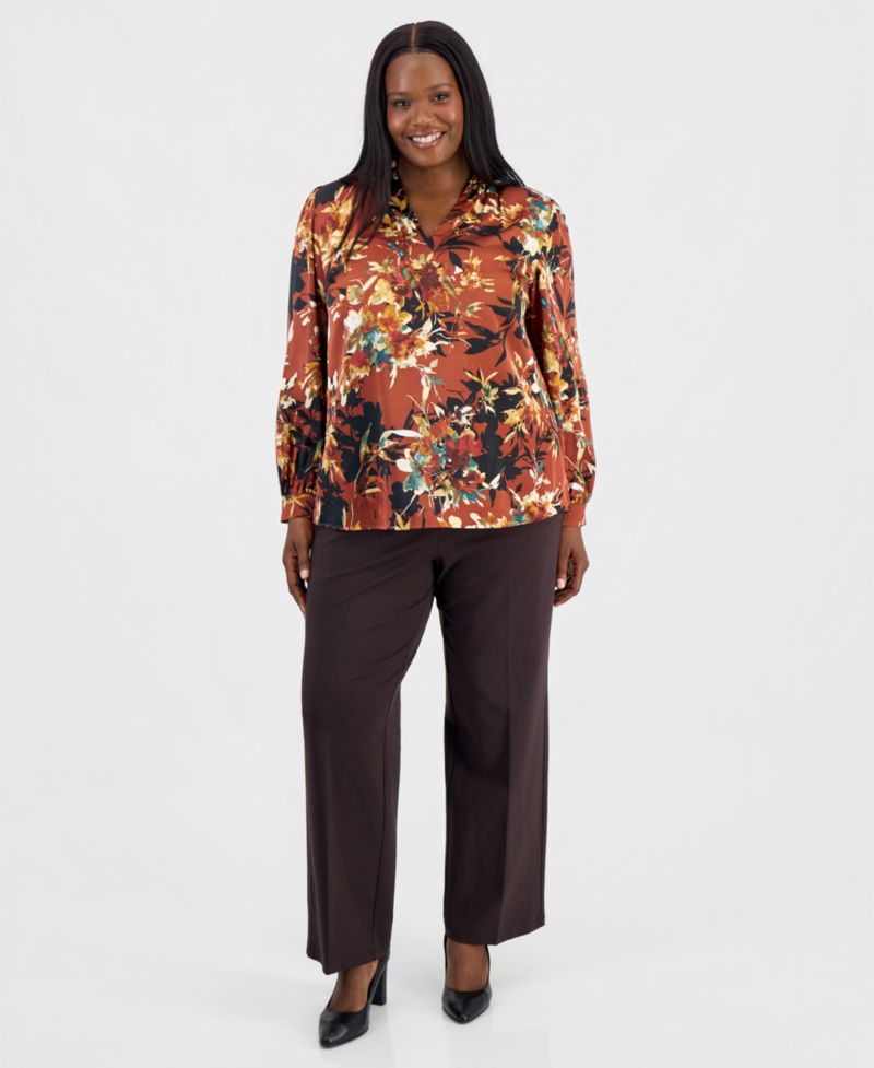 Plus Size V-Neck Pleated Shoulder Long-Sleeve Blouse