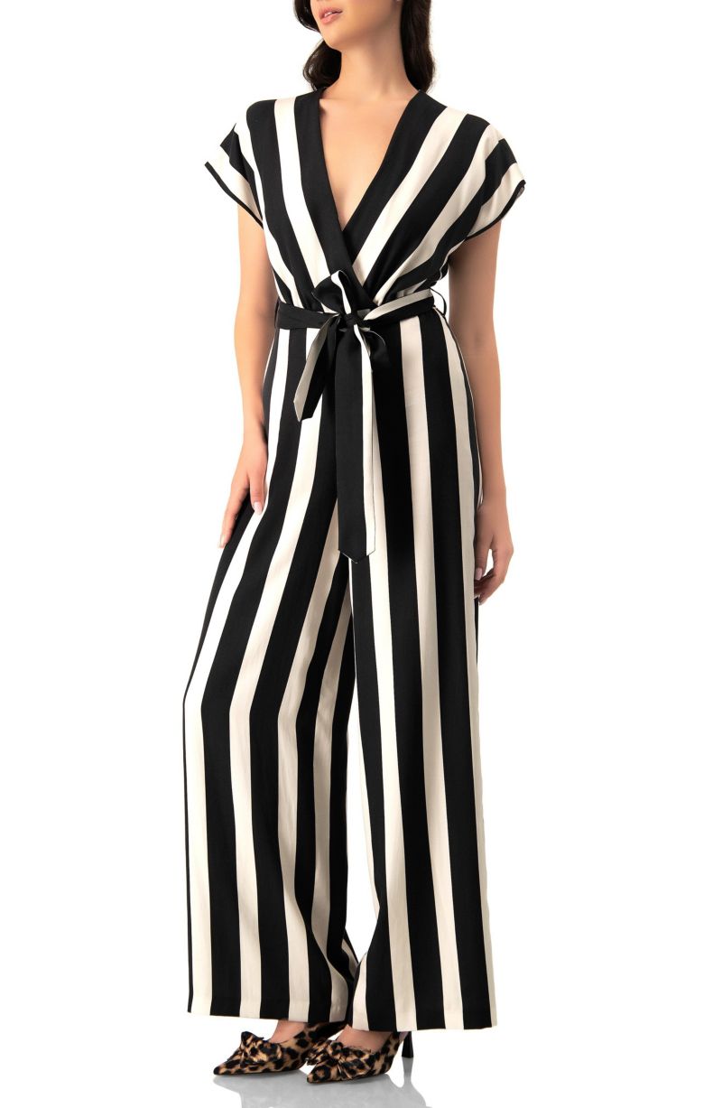 Women's Striped V-Neck Jumpsuit with Waist Tie