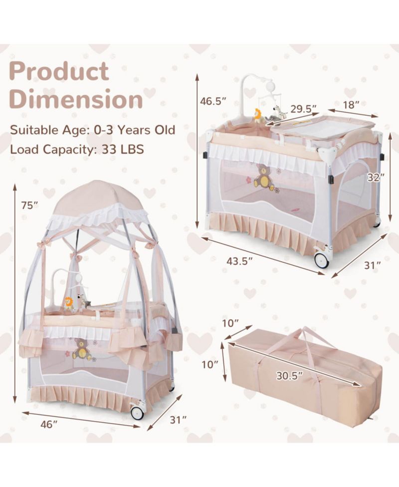 Girls Ortable Playpen Crib Cradle Bassinet Changing Pad Mosquito Net Toys w Bag