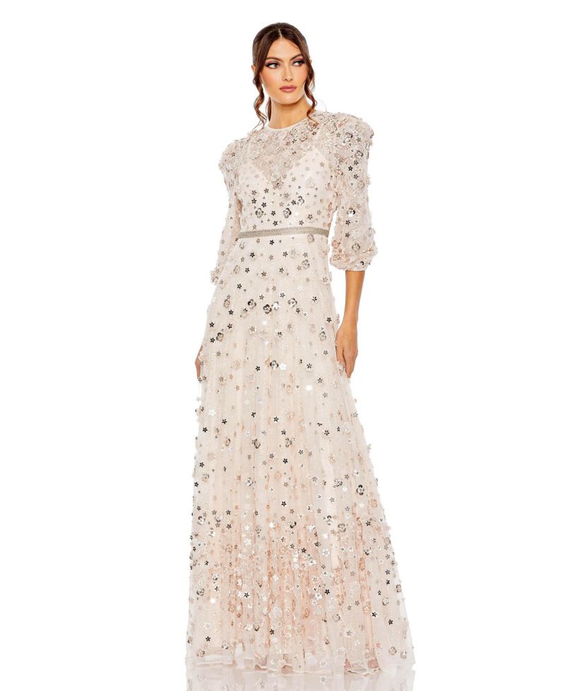 Women's Floral Applique Puff Sleeve High Neck A-Line Gown