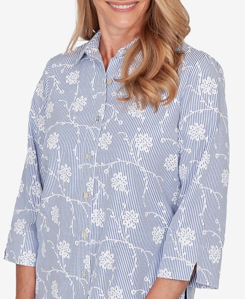 Women's Classic Puff Print Pinstripe Embroidered Button Down Top