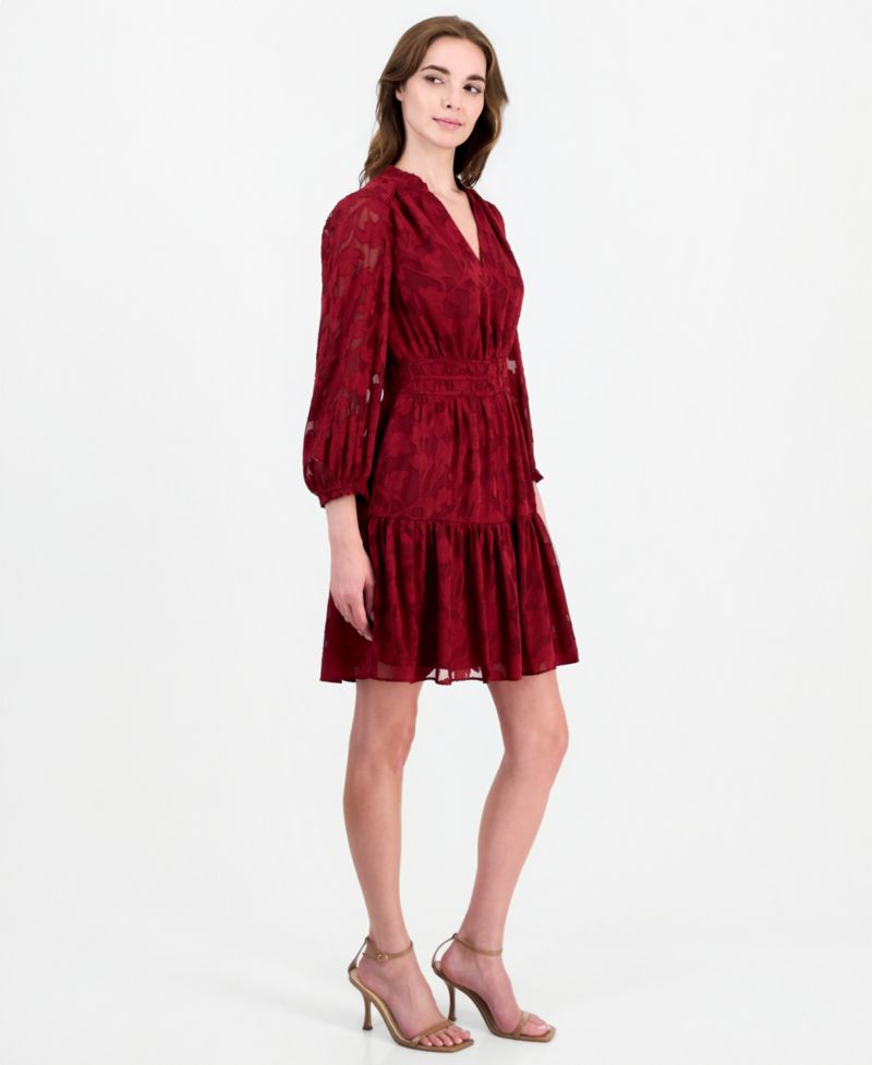 Women's V-Neck Long-Sleeve Tiered Ruffle Dress