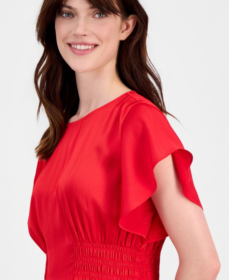 Petite Smocked Flutter-Sleeve Smocked-Waist Top