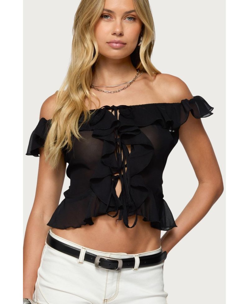 Women's Sheer Chiffon Ruffled Off Shoulder Top