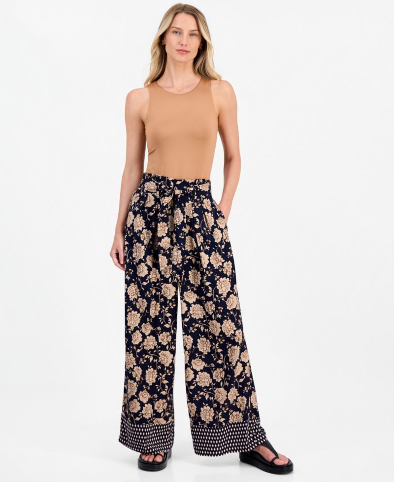 Women's Floral-Print Wide-Leg Paperbag-Waist Pants