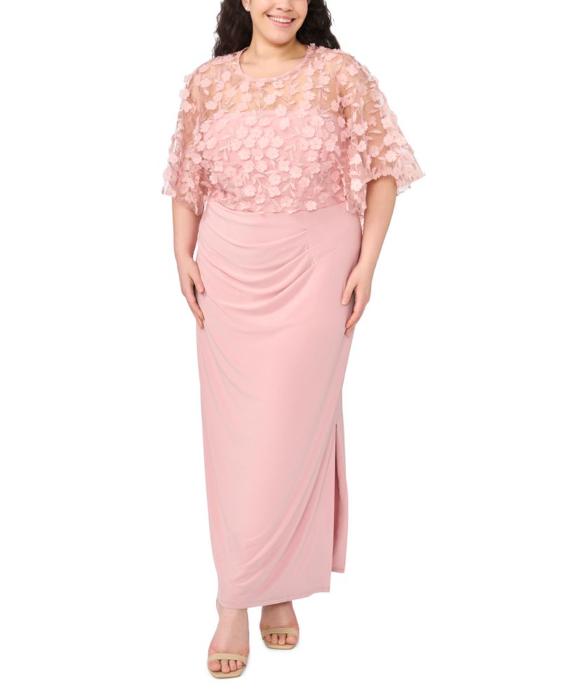 Plus Size Polyester Blend 3D Flowers Crewneck Gown