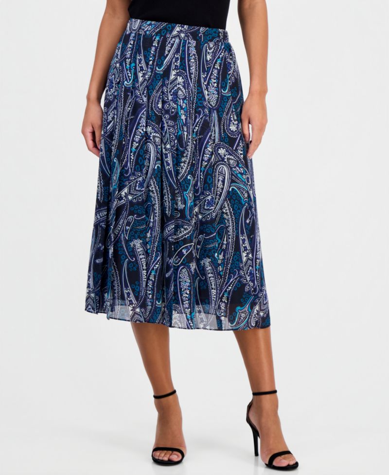 Women's Printed Pleated Pull-On Midi Skirt