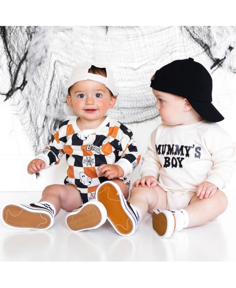 Baby Boys Boo Checkered Halloween Long Sleeve Romper