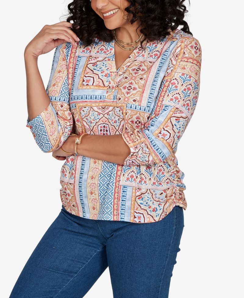 Women's Floral 3/4-Sleeve Split-Neck Knit Top