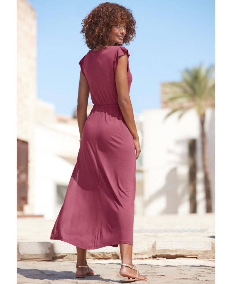 Women's Viscose Printed Side Slit A-Line V-Neck Elastic-Waist Maxi Dress
