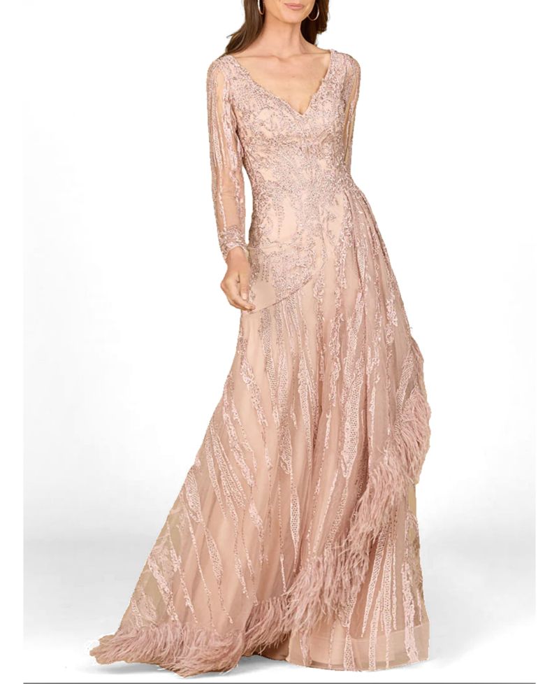 Women's Long Sleeve V-Neck Lace Gown with Feathers