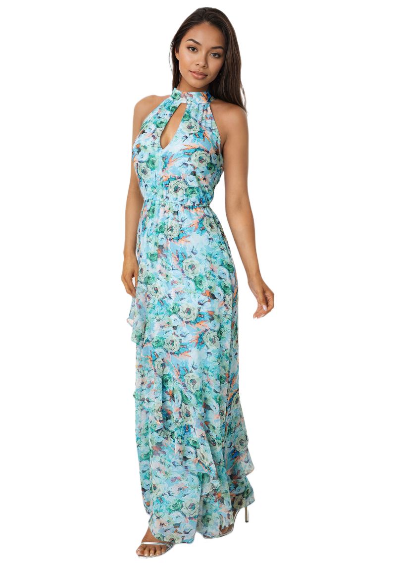 Womens Printed Chiffon Halter Ruffle Dress