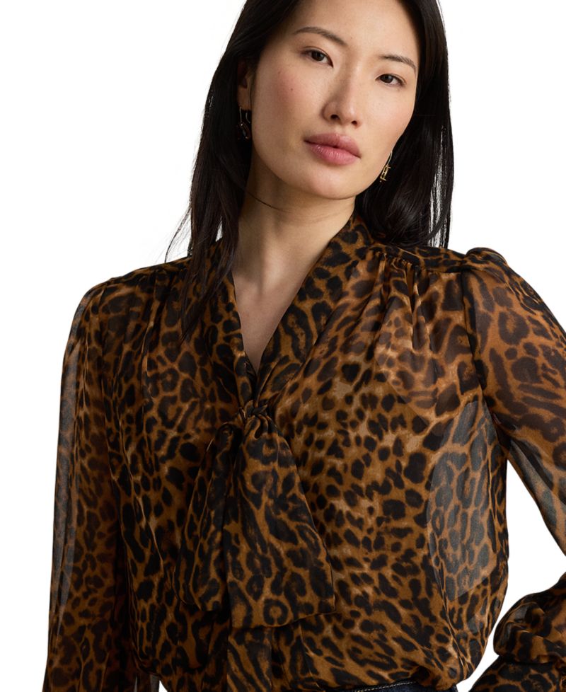 Petite Ocelot-Print Chiffon Tie-Neck Blouse