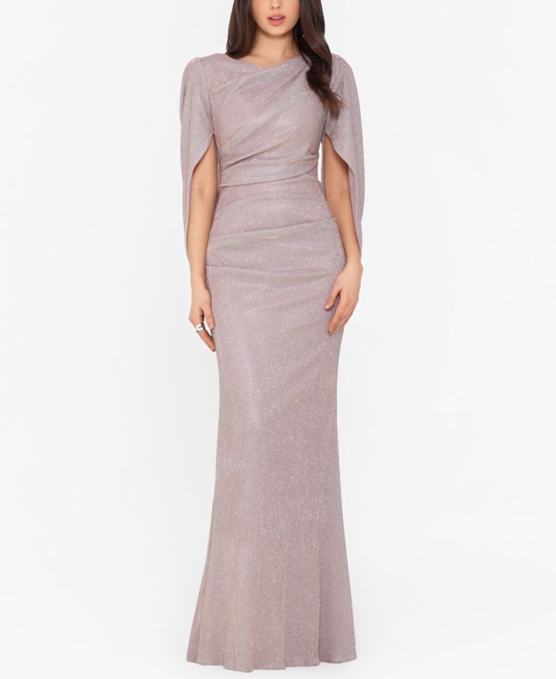 Women's Glitter Drape-Back Cape Gown