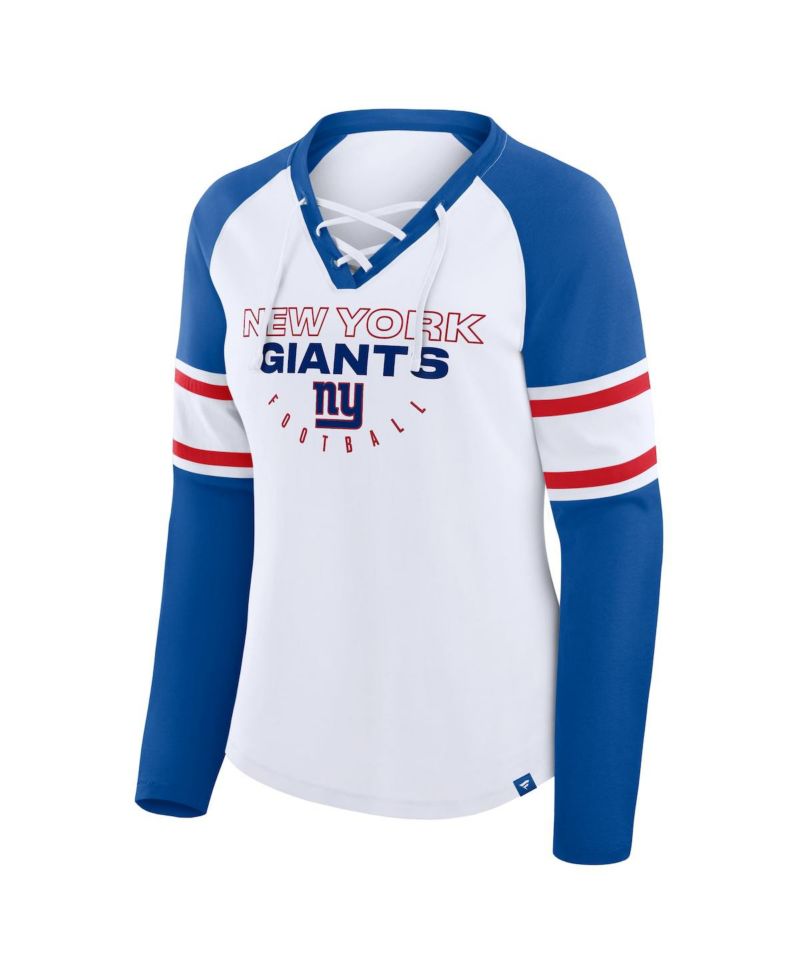Women's White/Royal New York Giants Redzone Blitz Package Raglan Lace-Up V-Neck Long Sleeve T-Shirt